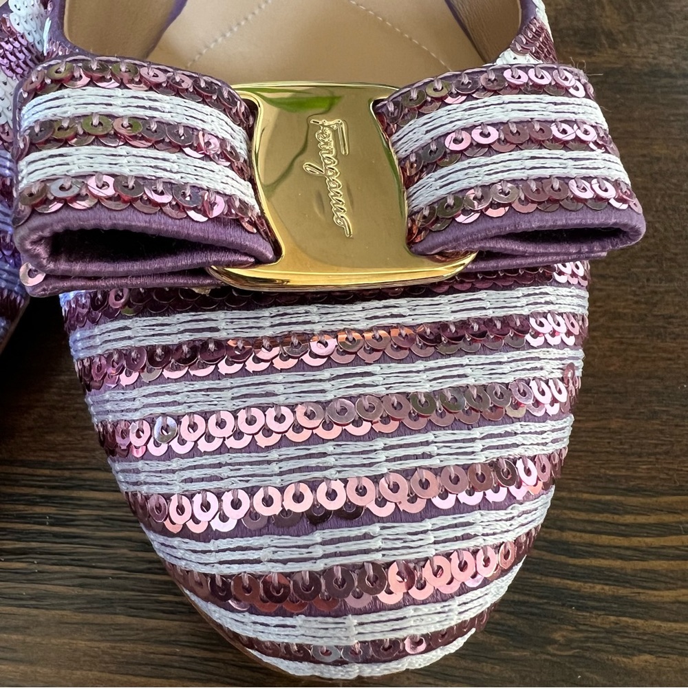 NEW! Salvatore Ferragamo $850 Varina Pink/White Sequin Vara Bow Flats 9.5B - Picture 7 of 12
